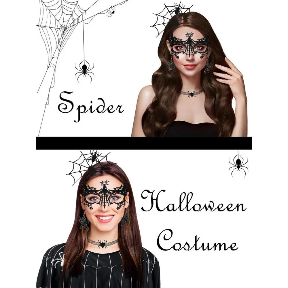 Women Lace Spider Web Costume Accessories Set Mask Earrings Choker Socks